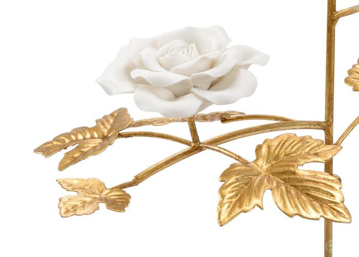 White porcelain roses on antique gold leaf stem