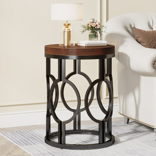 Round End Table, Industrial Side Table with Metal Hollow Frame Tribesigns#Colour_Rustic Brown