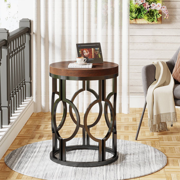 Round End Table, Industrial Side Table with Metal Hollow Frame Tribesigns#Colour_Rustic Brown