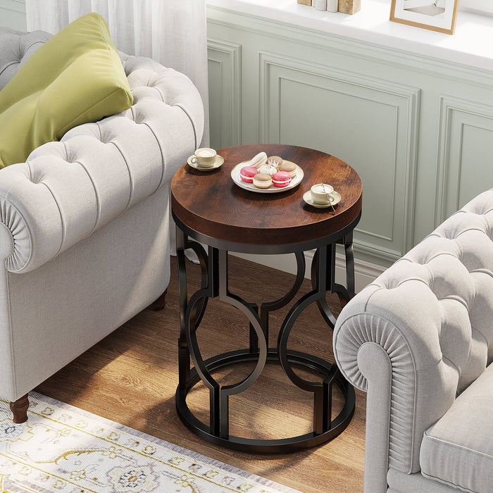 Round End Table, Industrial Side Table with Metal Hollow Frame Tribesigns#Colour_Rustic Brown