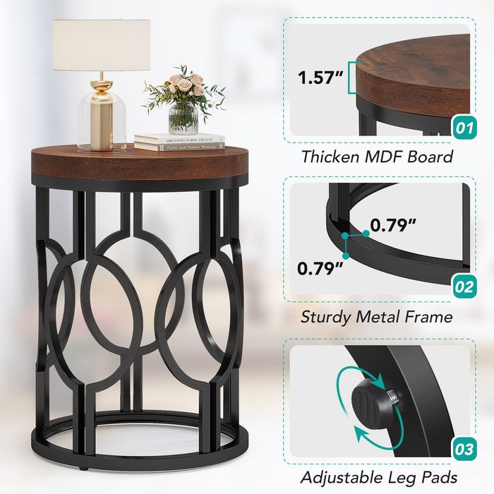 Round End Table, Industrial Side Table with Metal Hollow Frame Tribesigns#Colour_Rustic Brown