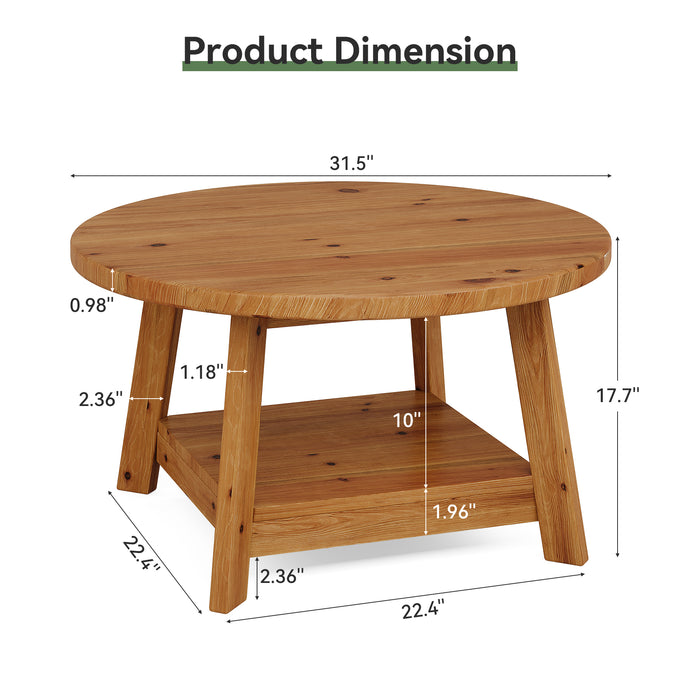 Rustic Round Coffee Table, 31.5-Inch Two-Tier Design with Tapered Wooden Legs