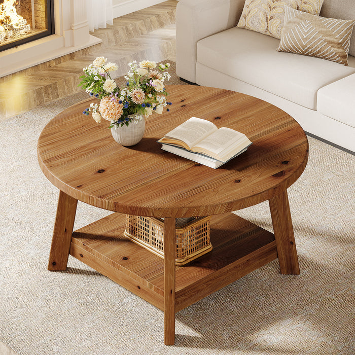 Rustic Round Coffee Table, 31.5-Inch Two-Tier Design with Tapered Wooden Legs