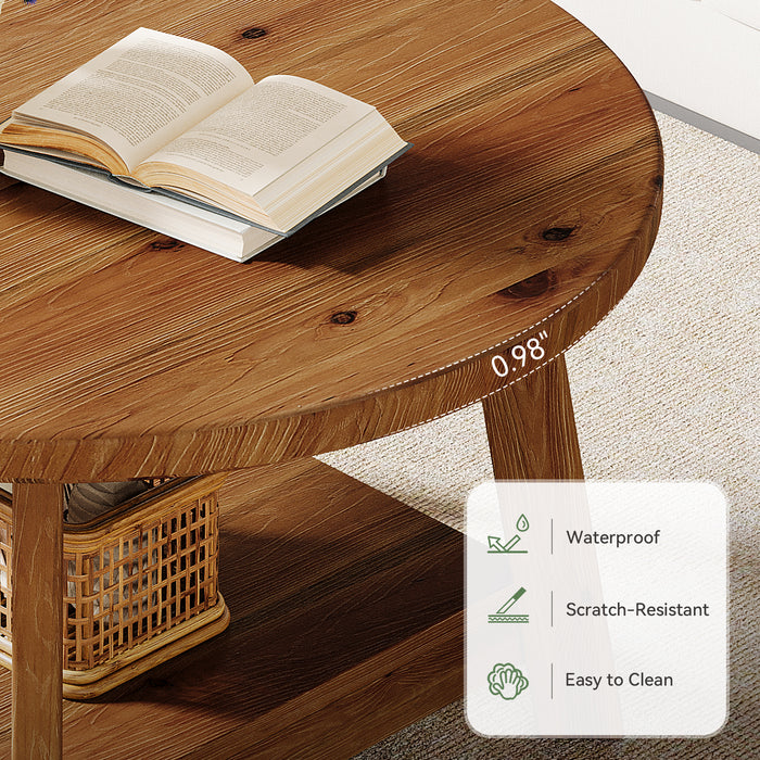 Rustic Round Coffee Table, 31.5-Inch Two-Tier Design with Tapered Wooden Legs