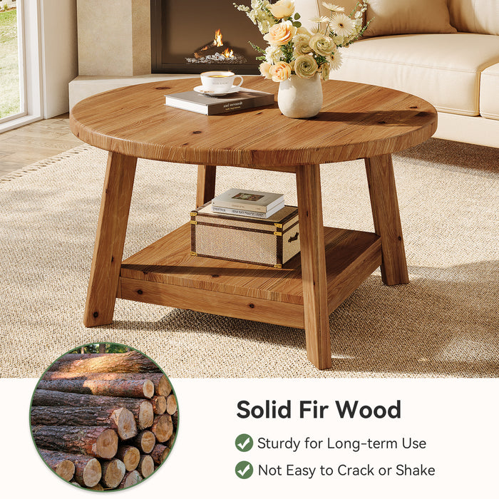 Rustic Round Coffee Table, 31.5-Inch Two-Tier Design with Tapered Wooden Legs