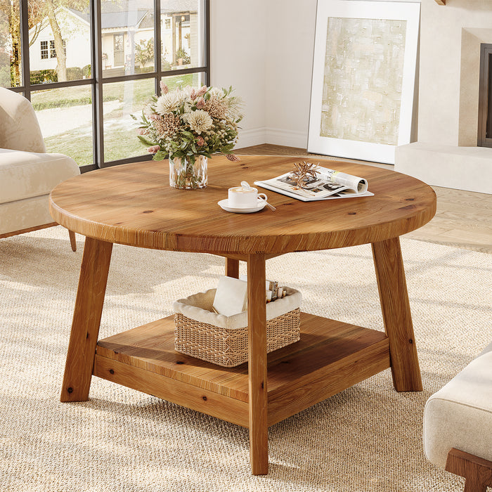 Rustic Round Coffee Table, 31.5-Inch Two-Tier Design with Tapered Wooden Legs