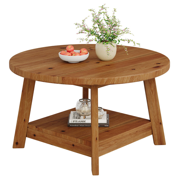 Rustic Round Coffee Table, 31.5-Inch Two-Tier Design with Tapered Wooden Legs