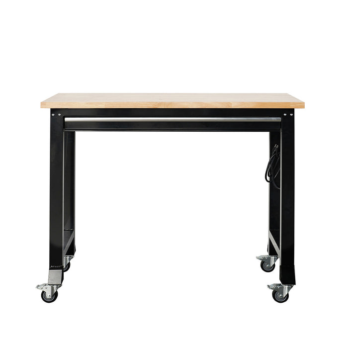 Workbench with wooden top, black metal legs, and wheels.