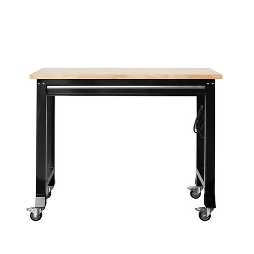 Workbench with wooden top, black metal legs, and wheels.
