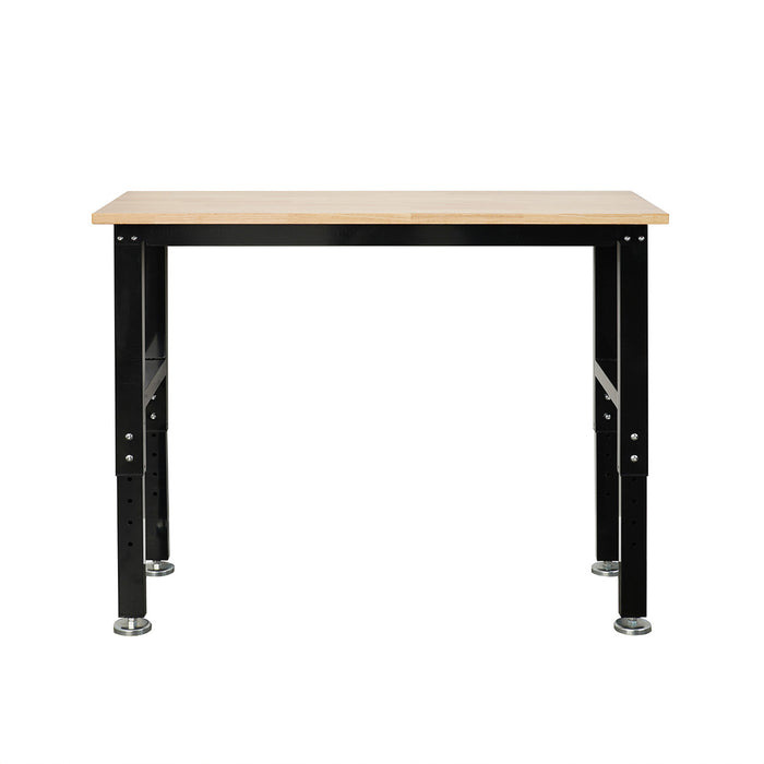 Workbench with wooden top and black metal legs.