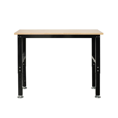 Workbench with wooden top and black metal legs.