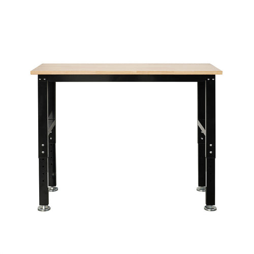 Workbench with wooden top and black metal legs.