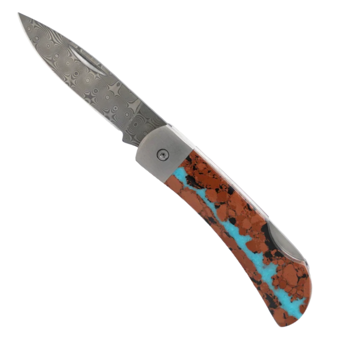 Santa Fe Stoneworks Titanium Damascus Collection Vein Turquoise 3" Lockback Pocket Knife