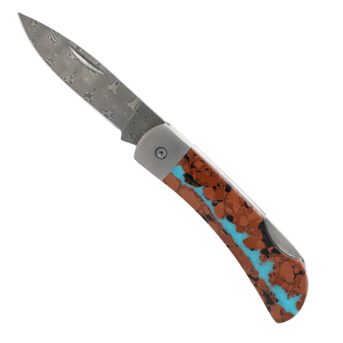 Santa Fe Stoneworks Titanium Damascus Collection Vein Turquoise 3" Lockback Pocket Knife