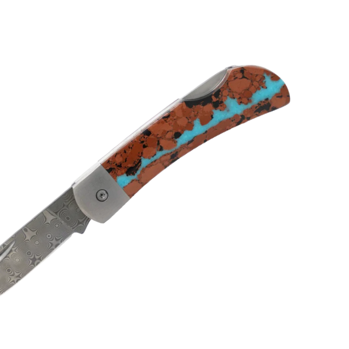 Santa Fe Stoneworks Titanium Damascus Collection Vein Turquoise 3" Lockback Pocket Knife