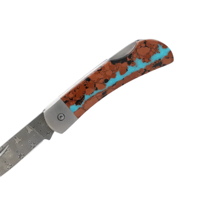 Santa Fe Stoneworks Titanium Damascus Collection Vein Turquoise 3" Lockback Pocket Knife