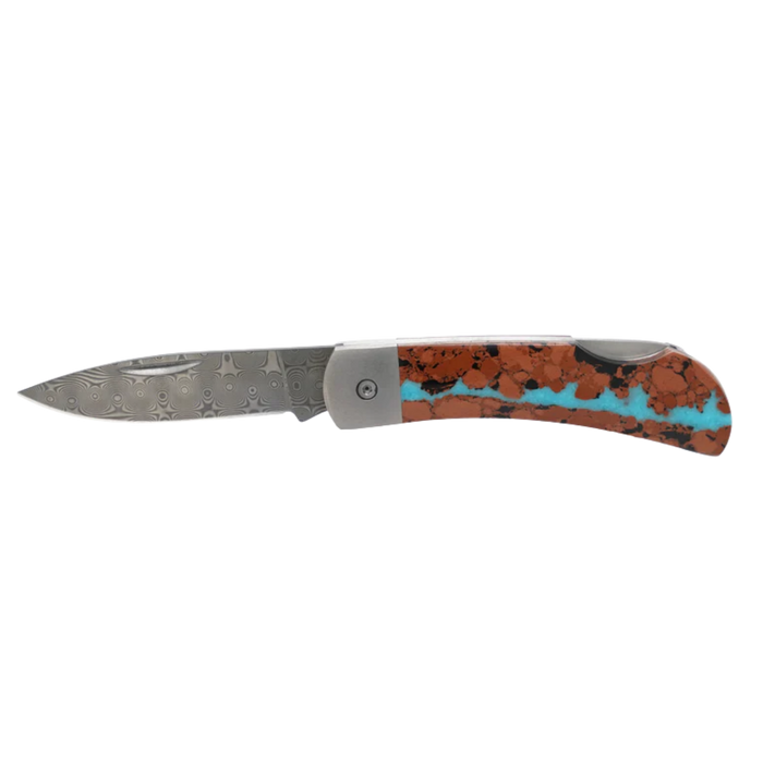 Santa Fe Stoneworks Titanium Damascus Collection Vein Turquoise 3" Lockback Pocket Knife