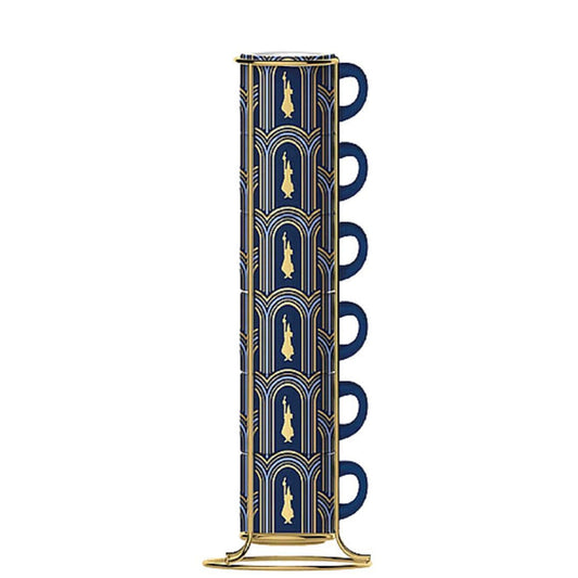 Set of 6 90 ml porcelain espresso cups with metal stand BIALETTI Blue Deco Glamour