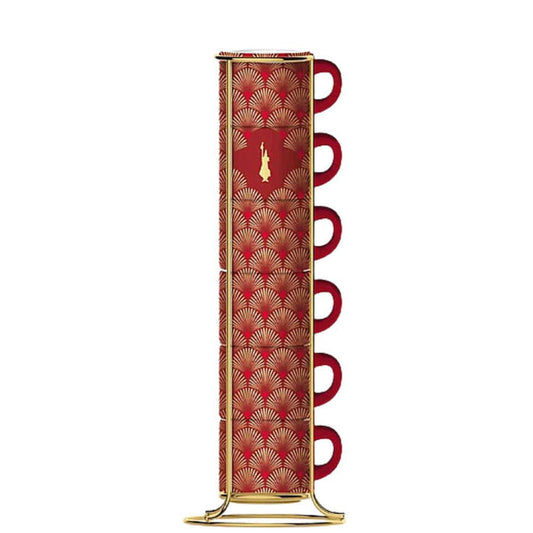 Set of 6 90 ml porcelain espresso cups with metal stand BIALETTI Red Deco Glamour