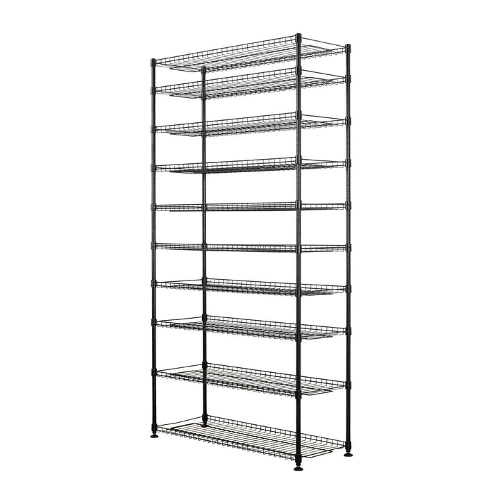 Black metal wire shelving unit designed to hold shoes.