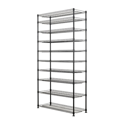 Black metal wire shelving unit designed to hold shoes.