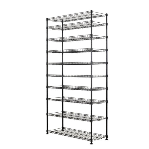 Black metal wire shelving unit designed to hold shoes.