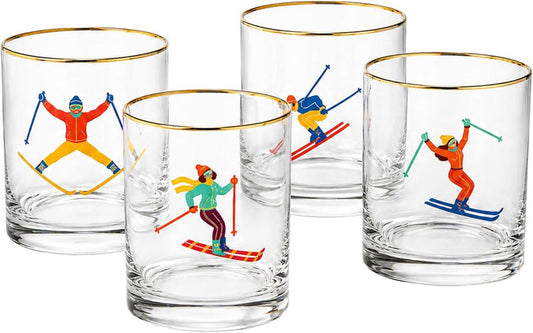Skiers Glass Set, 4 Piece 13.7 oz 4.06 in Multicolor Clear Gold Rim Tumblers