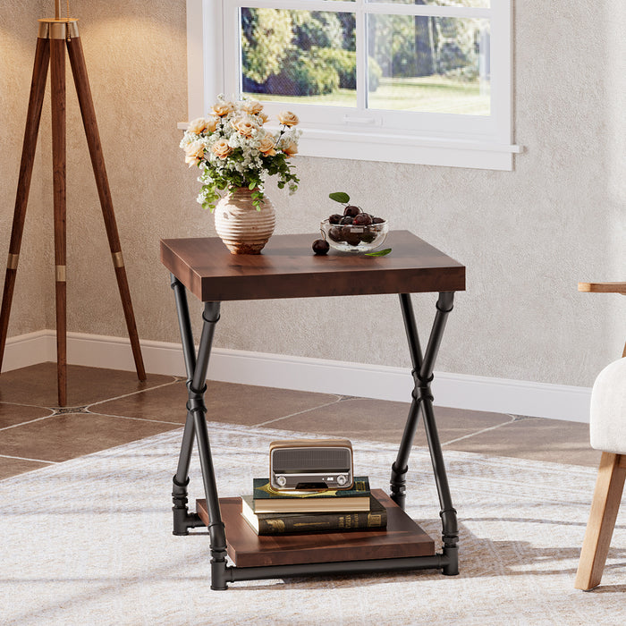 Solid Wood End Table with Storage Shelf and X-Shaped Legs, Small Wood Nightstand