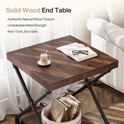 Solid Wood End Table with Storage Shelf and X-Shaped Legs, Small Wood Nightstand