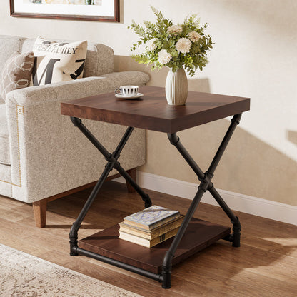 Solid Wood End Table with Storage Shelf and X-Shaped Legs, Small Wood Nightstand