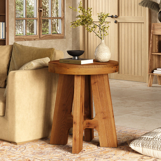Solid Wood Round Side Table with Heavy-Duty Legs, Farmhouse End Table for Living Room