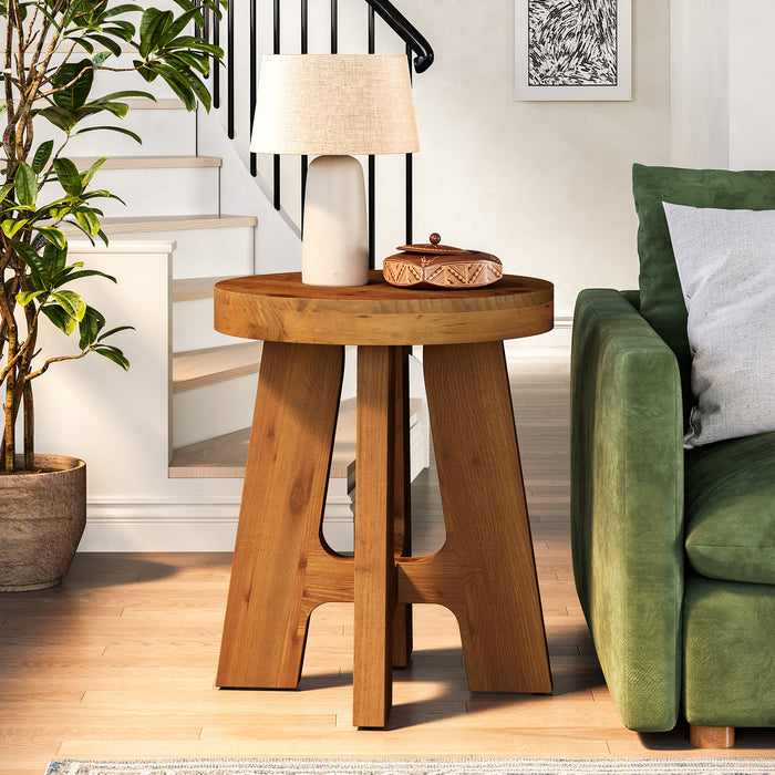 Solid Wood Round Side Table with Heavy-Duty Legs, Farmhouse End Table for Living Room