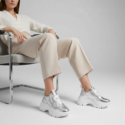 Stacy Sneaker Silver Metallic Leather worn by a model