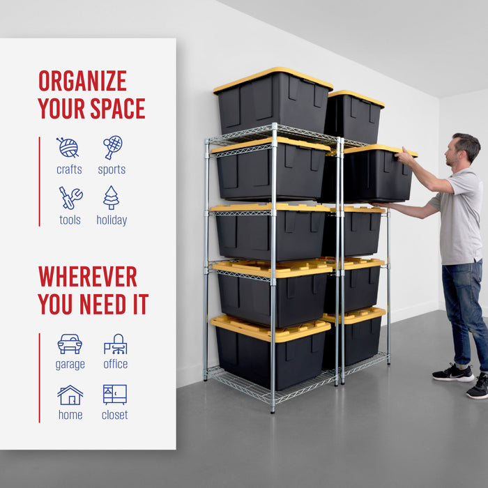 A man interacting with a zinc bin rack 2-pack. Text reads "Organize your space: crafts, sports, tools, holiday. Wherever you need it: garage, office, home, closet" with accompanying icons