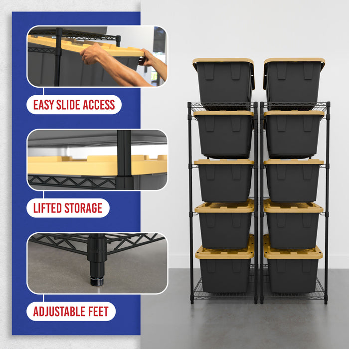 Storage bin racks in a garage, featuring image callouts of someone sliding a bin out of place, and closeups of the rail design and leveling feet. Text reads "Easy slide access, lifted storage, adjustable feet"