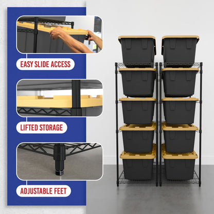 Storage bin racks in a garage, featuring image callouts of someone sliding a bin out of place, and closeups of the rail design and leveling feet. Text reads "Easy slide access, lifted storage, adjustable feet"
