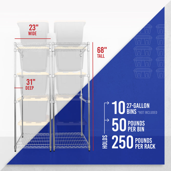 An empty zinc bin rack 2-pack with transparent bins shown in place. Dimensions listed as 23 inches wide, 68 inches tall, and 31 inches deep. Text reads "Holds 10 27-gallon bins (not included), 50 pounds per bin, 250 pounds per rack"