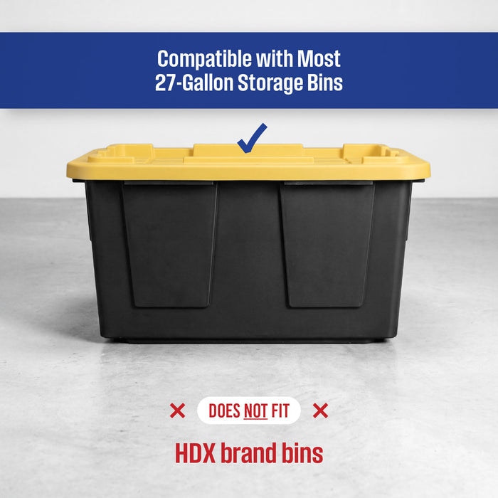 A black and yellow plastic storage bin. Text reads "Compatible with most 27-gallon storage bins, does not fit HDX brand bins"