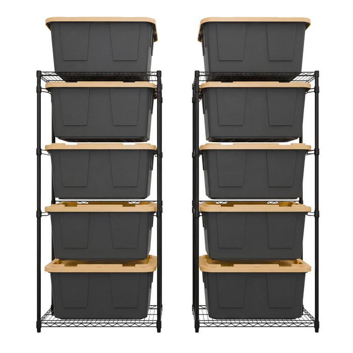 Two black side-loading bin racks side-by-side, each loaded with five black and yellow storage bins.
