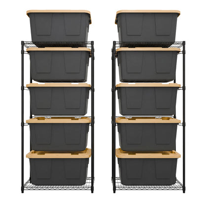 Two black side-loading bin racks side-by-side, each loaded with five black and yellow storage bins.