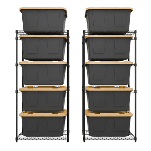 Two black side-loading bin racks side-by-side, each loaded with five black and yellow storage bins.