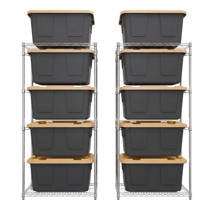 Two silver side-loading bin racks side-by-side, each loaded with five black and yellow storage bins.