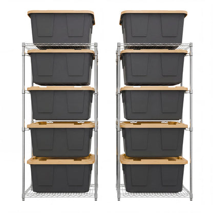 Two silver side-loading bin racks side-by-side, each loaded with five black and yellow storage bins.