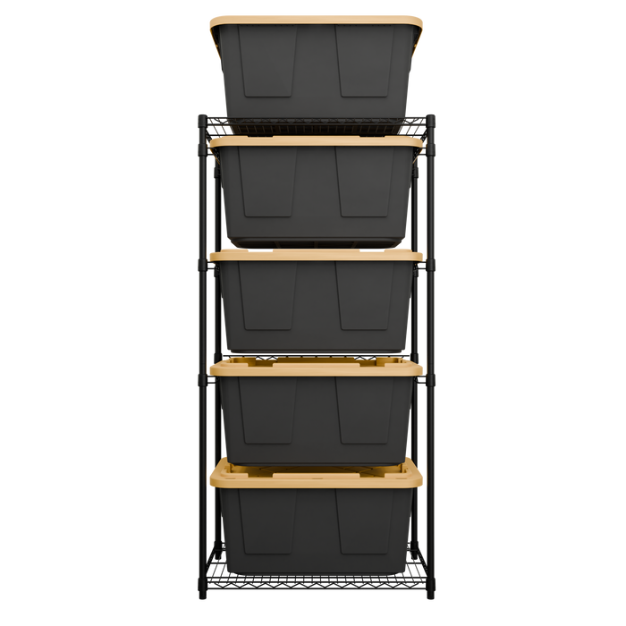 A black side-loading bin rack loaded with five black and yellow bins.