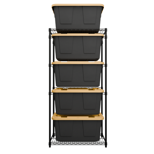 A black side-loading bin rack loaded with five black and yellow bins.