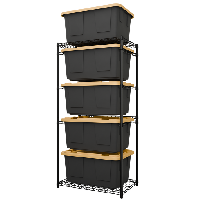 Isometric view of a black side-loading bin rack loaded with five black and yellow bins.