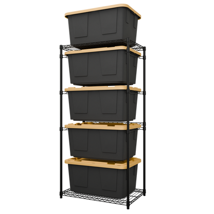 Isometric view of a black side-loading bin rack loaded with five black and yellow bins.