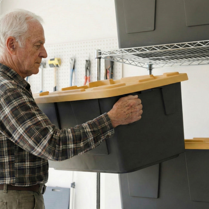 A man loads a black and yellow storage bin into a silver side-loading bin rack.