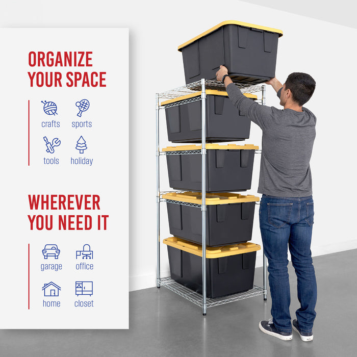 A man interacting with a zinc bin rack. Text reads "Organize your space: crafts, sports, tools, holiday. Wherever you need it: garage, office, home, closet" with accompanying icons