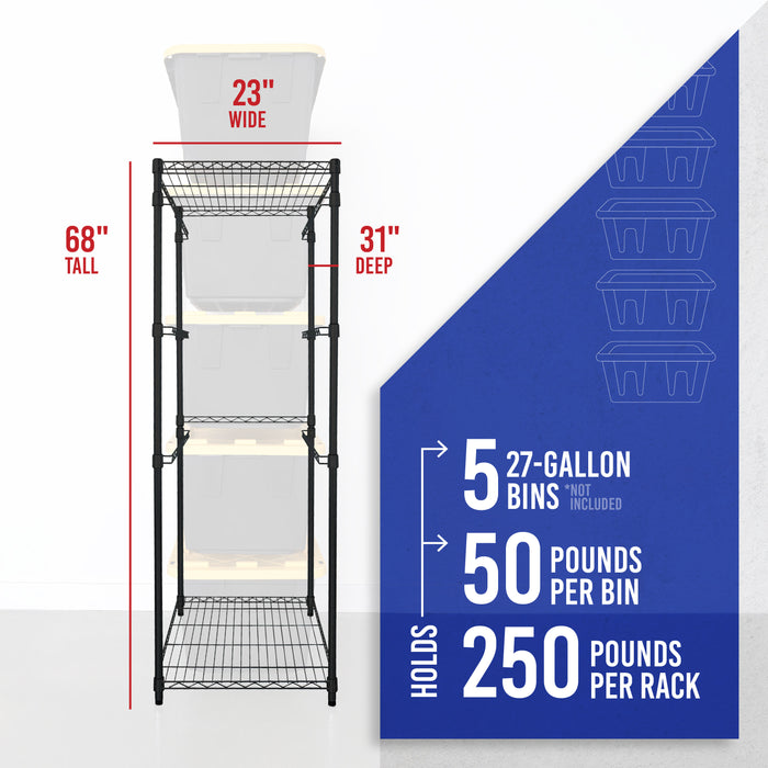 An empty black bin rack with transparent bins shown in place. Dimensions listed as 23 inches wide, 68 inches tall, and 31 inches deep. Text reads "Holds 5 27-gallon bins (not included), 50 pounds per bin, 250 pounds per rack"